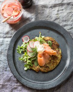 Red potato and ricotta pancake with smoked salmon and quick pickled radish